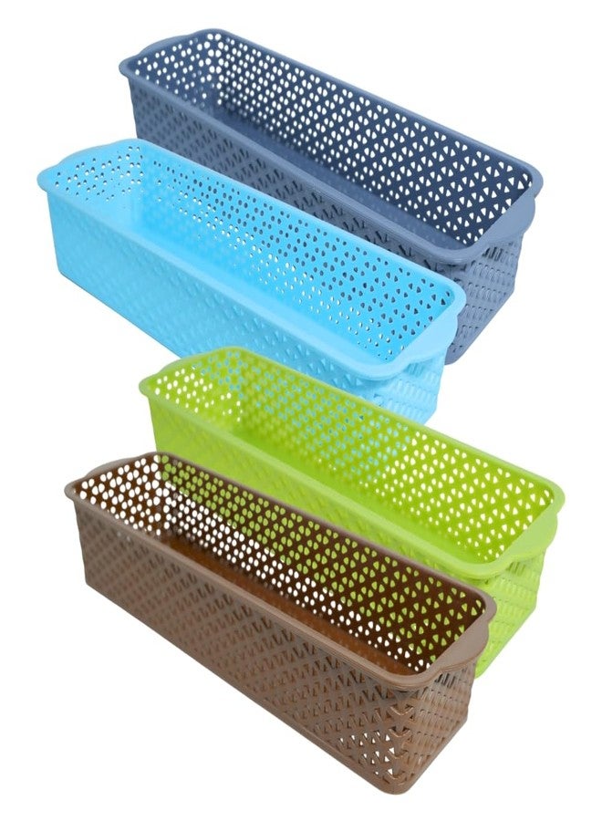 MORVI Deskmate Multi-Purpose Plastic Storage Basket|Durable Stackable Organizer Tokri For Home,Kitchen,Bathroom & Office| Drawer Tray,Cutlery,Cosmetics,Stationery|Set Of 4|Grey Blue Green Brown - Image 1
