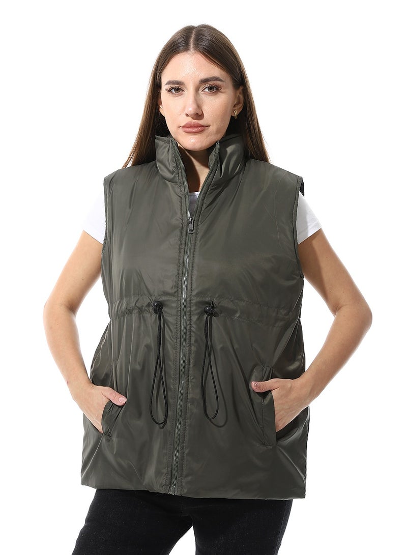 Andora Sleeveless Adjustable Waist Padded Vest_Army Green - Image 1