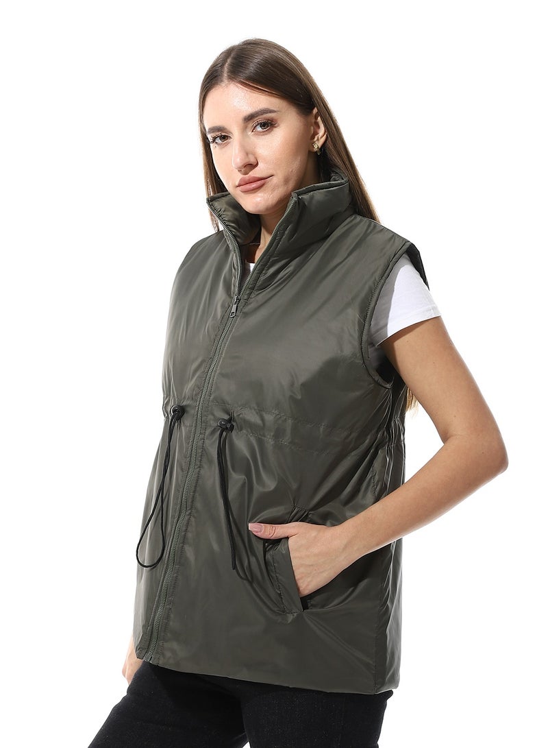Andora Sleeveless Adjustable Waist Padded Vest_Army Green - Image 2