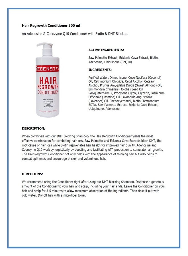 REGENSIFY Hair Regrowth Conditioner 500 ml (17 FL Oz) [Adenosine and Coenzyme Q10 Conditioner with Biotin & DHT Blockers] - Image 2