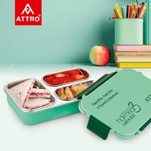 ATTRO Hot-Meal 3 Insulated Lunch Box with 3 Compartment, Inner Stainless Steel & Locking Lid BPA-Free Food Grade Ideal for School, Office - 900ml Green - Image 3