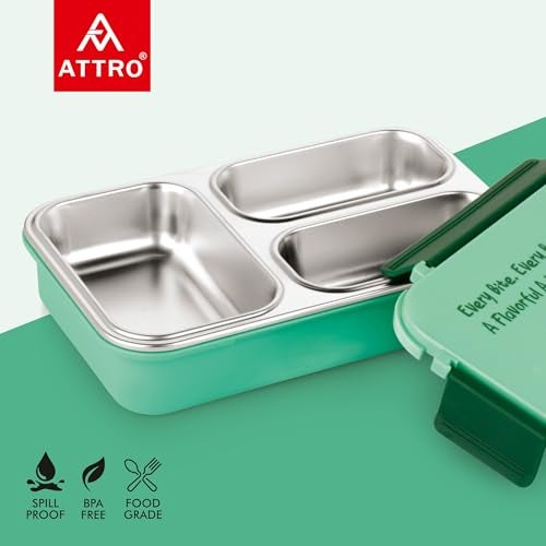 ATTRO Hot-Meal 3 Insulated Lunch Box with 3 Compartment, Inner Stainless Steel & Locking Lid BPA-Free Food Grade Ideal for School, Office - 900ml Green - Image 4