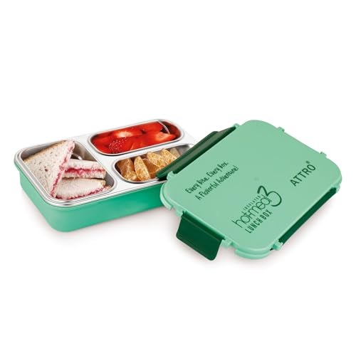 ATTRO Hot-Meal 3 Insulated Lunch Box with 3 Compartment, Inner Stainless Steel & Locking Lid BPA-Free Food Grade Ideal for School, Office - 900ml Green - Image 1