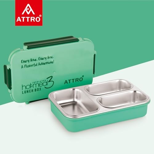 ATTRO Hot-Meal 3 Insulated Lunch Box with 3 Compartment, Inner Stainless Steel & Locking Lid BPA-Free Food Grade Ideal for School, Office - 900ml Green - Image 5