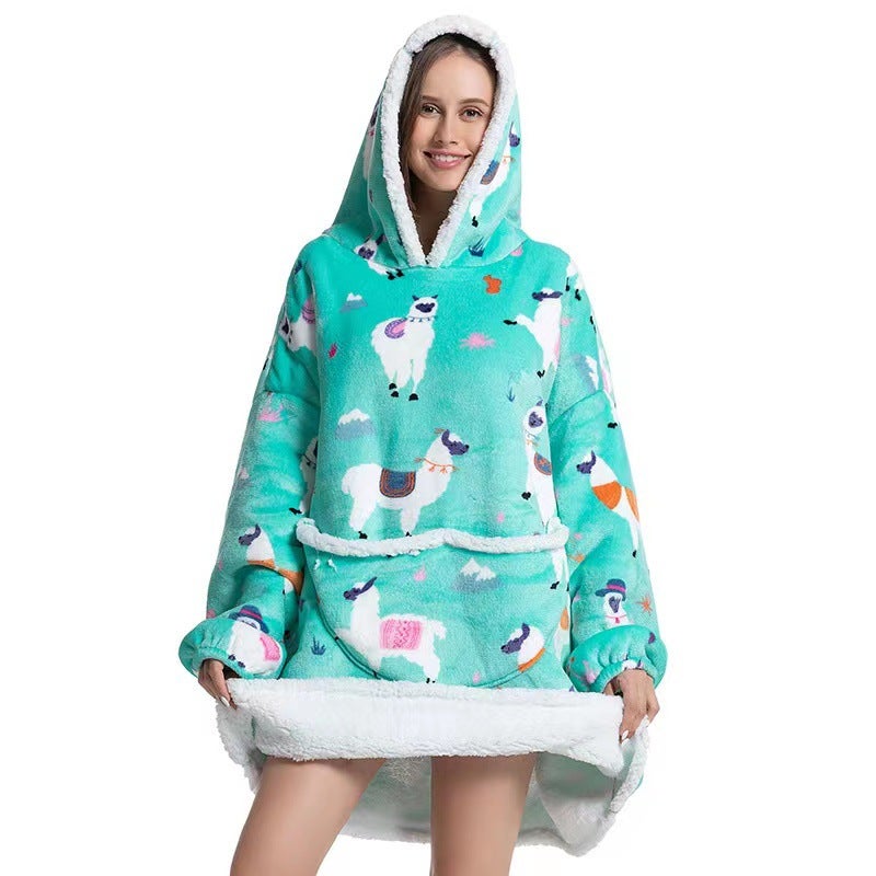2022 Flannel Thickened Pajamas Lamb Fleece TV Blanket with Hood Cartoon Alpaca compound-adult  - Image 1