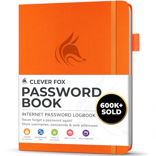 Clever Fox Password Book with alphabetical tabs. Internet Address Organizer Logbook. Small Pocket Password Keeper for Website Logins (Orange) - Image 1