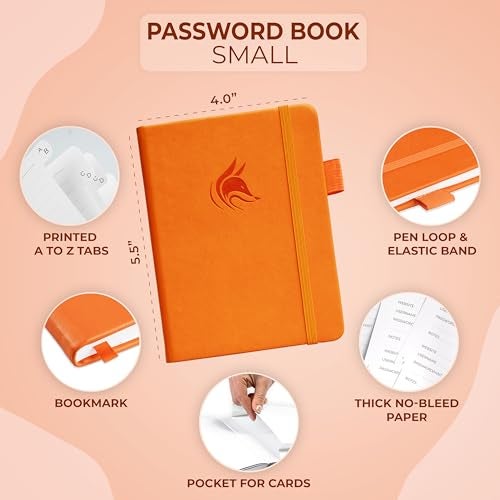 Clever Fox Password Book with alphabetical tabs. Internet Address Organizer Logbook. Small Pocket Password Keeper for Website Logins (Orange) - Image 2