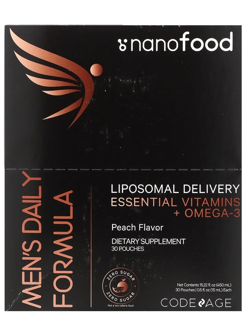Codeage Nanofood, Men's Daily Formula, Liposomal Delivery, Essential Vitamins + Omega-3, Peach, 30 Pouches, 0.5 fl oz (15 ml) Each 
