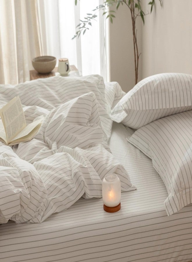 BDEAR Pinstripe Duvet Cover King Size 104x90in, 100% Washed Cotton Duvet Cover with Zipper Closure and 2 Pillowcases, White-Sage Green Stripe - Image 4
