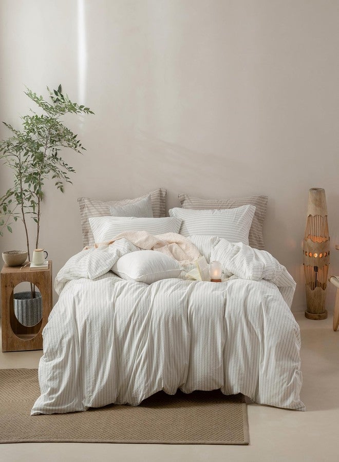 BDEAR Pinstripe Duvet Cover King Size 104x90in, 100% Washed Cotton Duvet Cover with Zipper Closure and 2 Pillowcases, White-Sage Green Stripe - Image 3