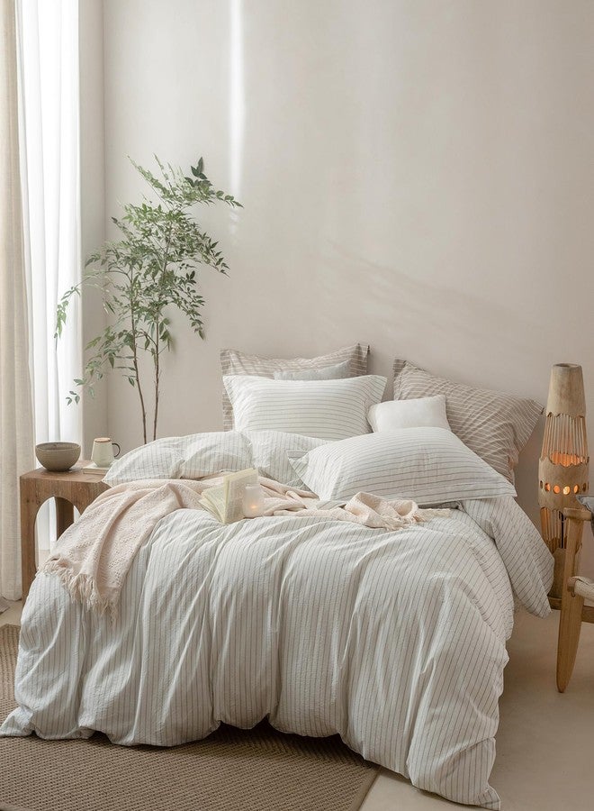 BDEAR Pinstripe Duvet Cover King Size 104x90in, 100% Washed Cotton Duvet Cover with Zipper Closure and 2 Pillowcases, White-Sage Green Stripe - Image 1