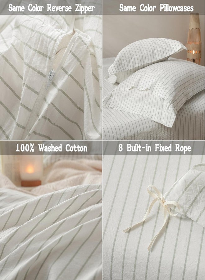 BDEAR Pinstripe Duvet Cover King Size 104x90in, 100% Washed Cotton Duvet Cover with Zipper Closure and 2 Pillowcases, White-Sage Green Stripe - Image 5