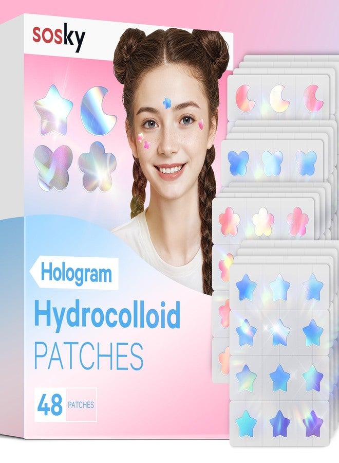 Sosky Hologram Pimple Patches for Face, Hydrocolloid Acne Patches with Salicylic Acid, Cute Star Zit Stickers,Colorful Blemish Covers,48 Count Blue Pink Star Moon Butterfly Flower - Image 1