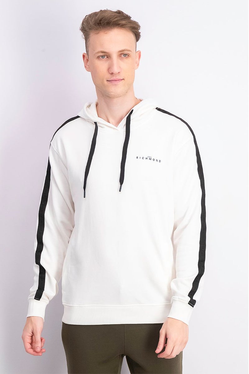 JOHN RICHMOND Men Hood With Drawstring Plain Long Sleeve Sweatshirt, White and Blackk - Image 1