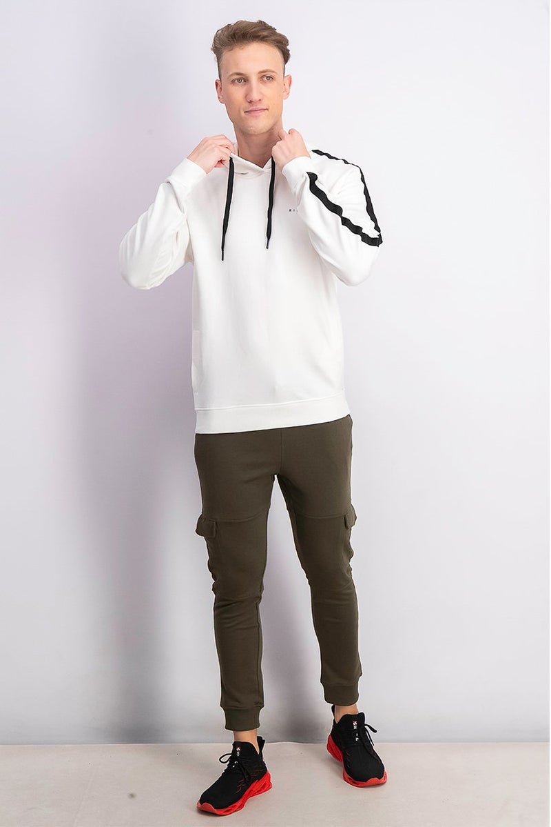 JOHN RICHMOND Men Hood With Drawstring Plain Long Sleeve Sweatshirt, White and Blackk - Image 3