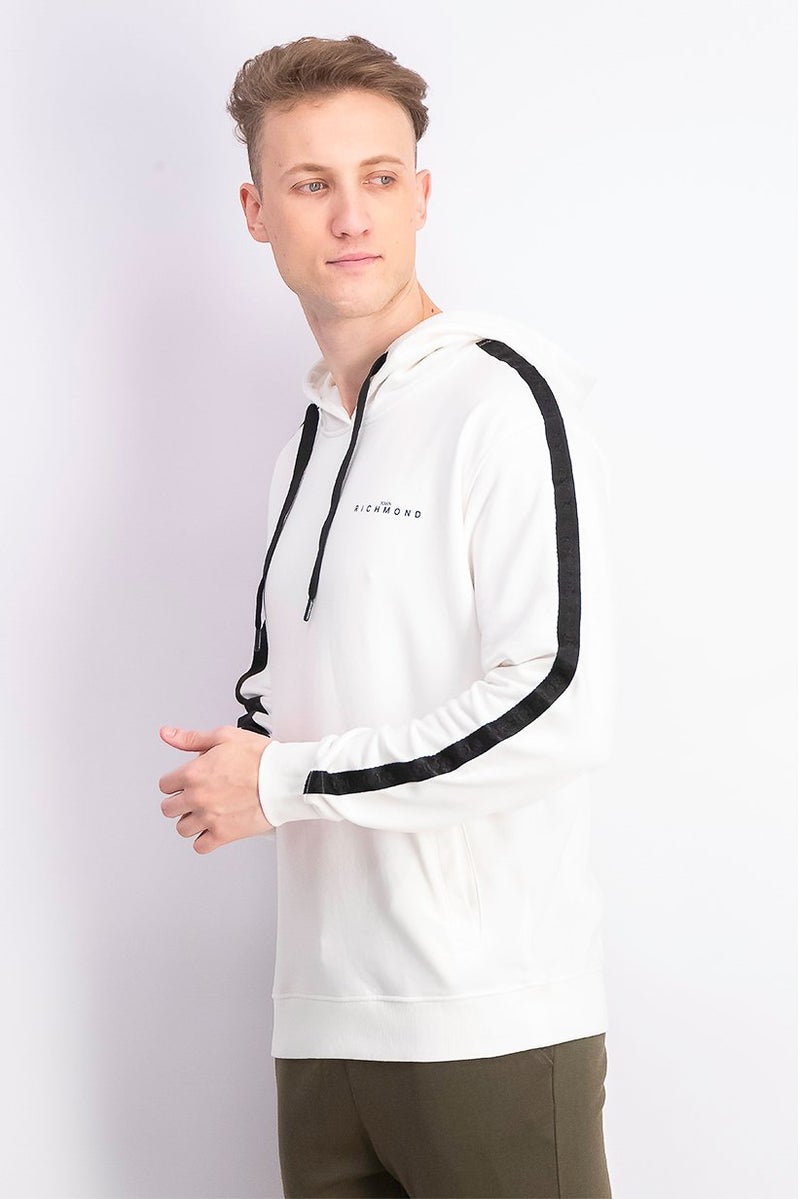 JOHN RICHMOND Men Hood With Drawstring Plain Long Sleeve Sweatshirt, White and Blackk - Image 2