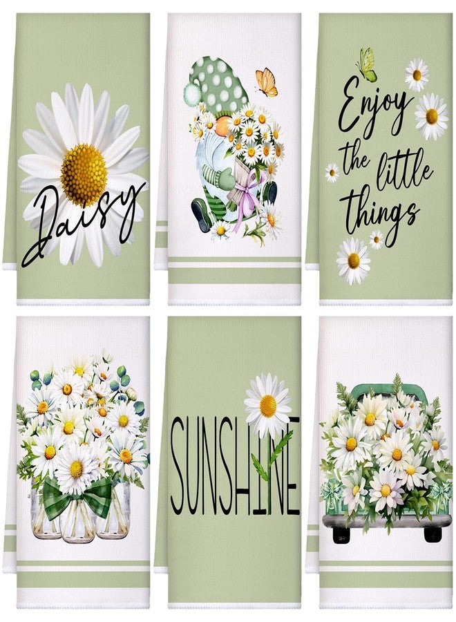Boyiee Set of 6 Daisy Kitchen Towels Spring Floral Gnome Dishtowels Flower Rustic Tea Towels Absorbent Forest Green Hand Wash Cloth 24"x16" for Farmhouse Kitchen Bathroom Housewarming Gift - Image 1
