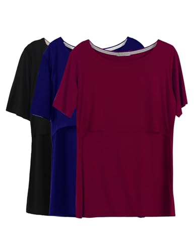 تي شيرت رضاعة للأمومة 3 قطع - أزرق داكن، أسود، بورغندي - متوسط