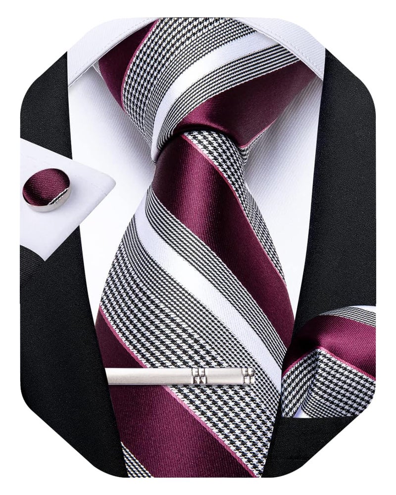 DiBanGu Mens Striped Tie Silk Woven Necktie and Pocket Square Cufflinks Tie Clip Set Wedding Business Formal Gift Tie for Men, Burgundy and Grey - Image 1
