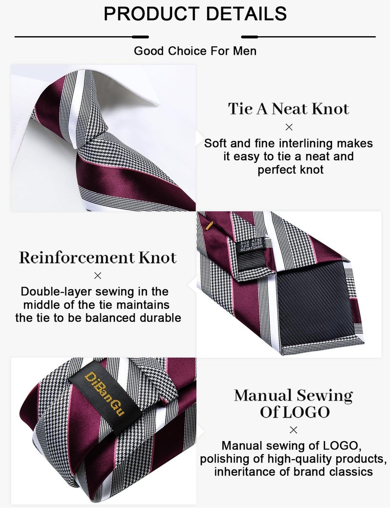 DiBanGu Mens Striped Tie Silk Woven Necktie and Pocket Square Cufflinks Tie Clip Set Wedding Business Formal Gift Tie for Men, Burgundy and Grey - Image 5
