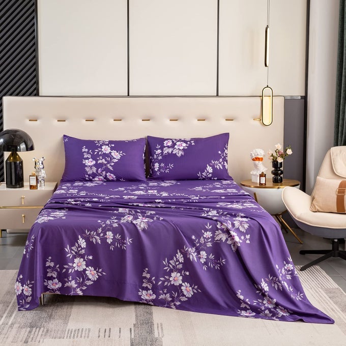 TWIN SHEET SET ULTRA SOFT BREATHABLE SILKY FLOWER DEEP POCKET 100 MICROFIBER BEDDING 4 PIECE TWIN SIZE DARK PURPLE FLORAL