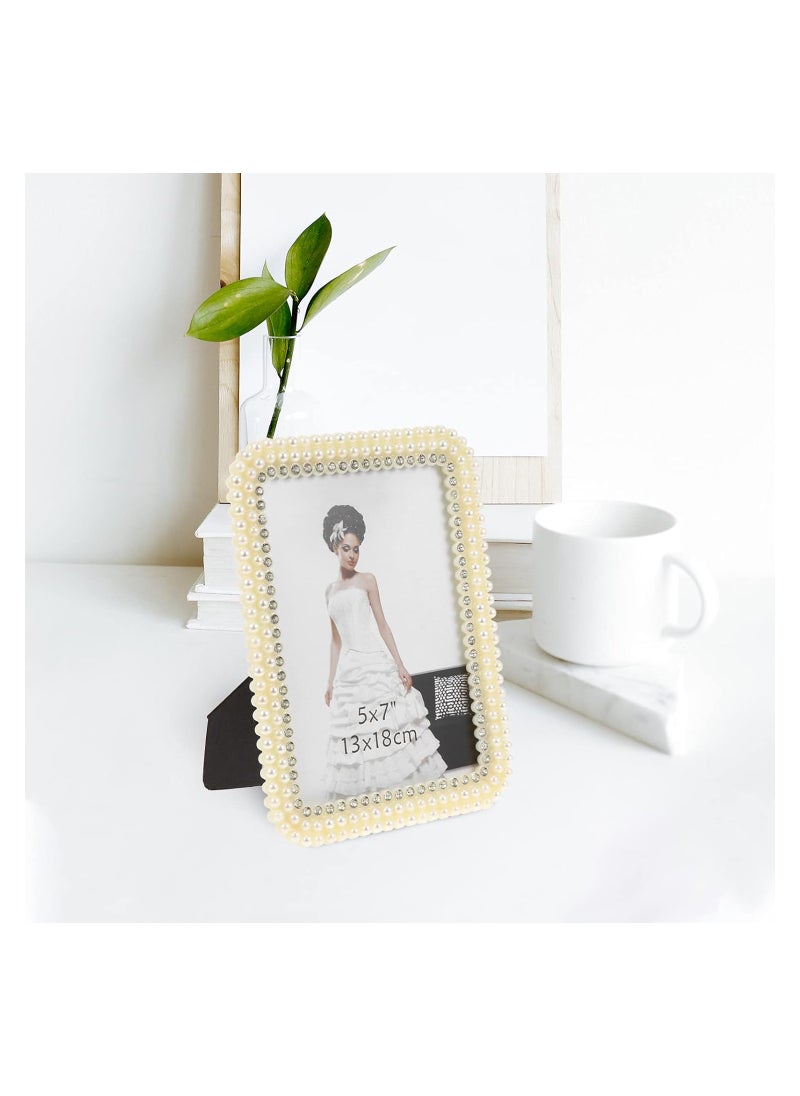 Generic - Pearl Photo Frame Shelf Wedding Photo Frame Wedding Anniversary Photo Frame Bedroom Geometric Vintage Frames Album Inch Birthday Graduation Sign Art White Dad Display Resin Picture, 5x7inch - Image 1