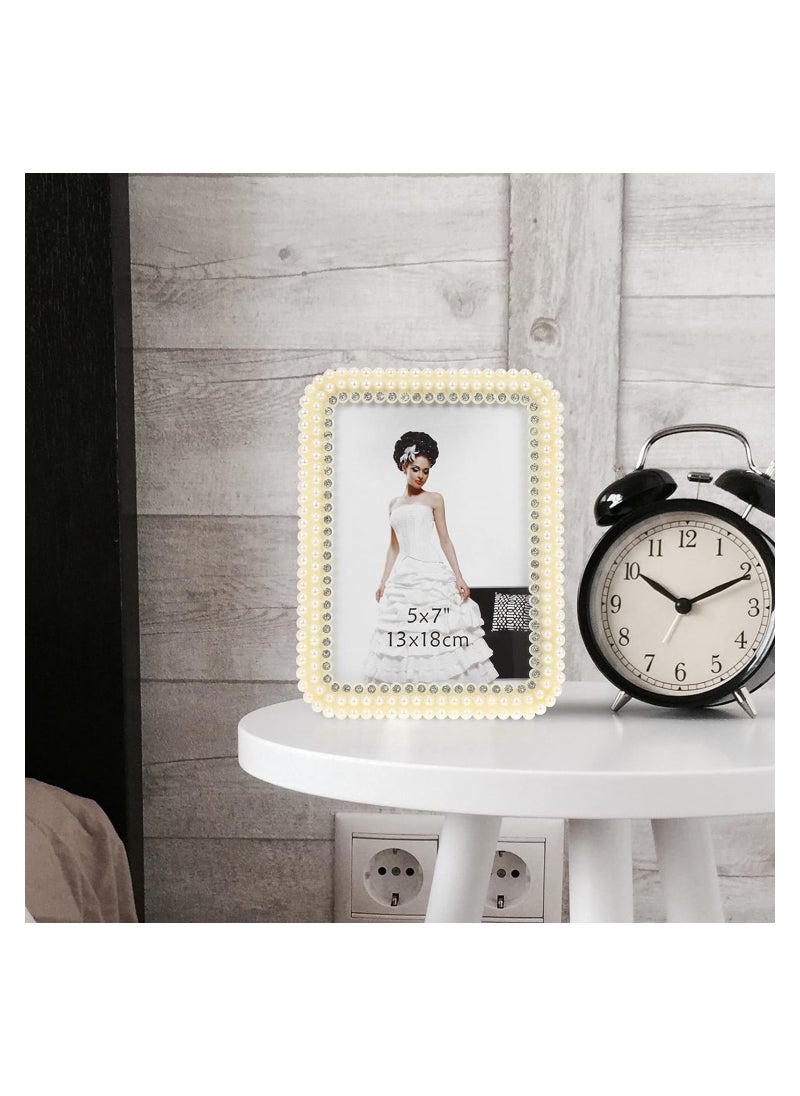 Generic - Pearl Photo Frame Shelf Wedding Photo Frame Wedding Anniversary Photo Frame Bedroom Geometric Vintage Frames Album Inch Birthday Graduation Sign Art White Dad Display Resin Picture, 5x7inch - Image 1
