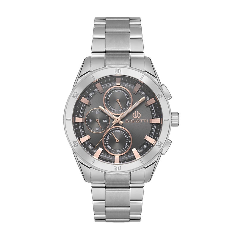 Bigotti Silver Stainless Steel Watch for Men BG.1.10531-4 - Carbon Black Sunray Brush Dial, 44mm Case, Japanese Quartz, Day-Date Display, 50M Water Resistant, Mineral Glass - Image 1
