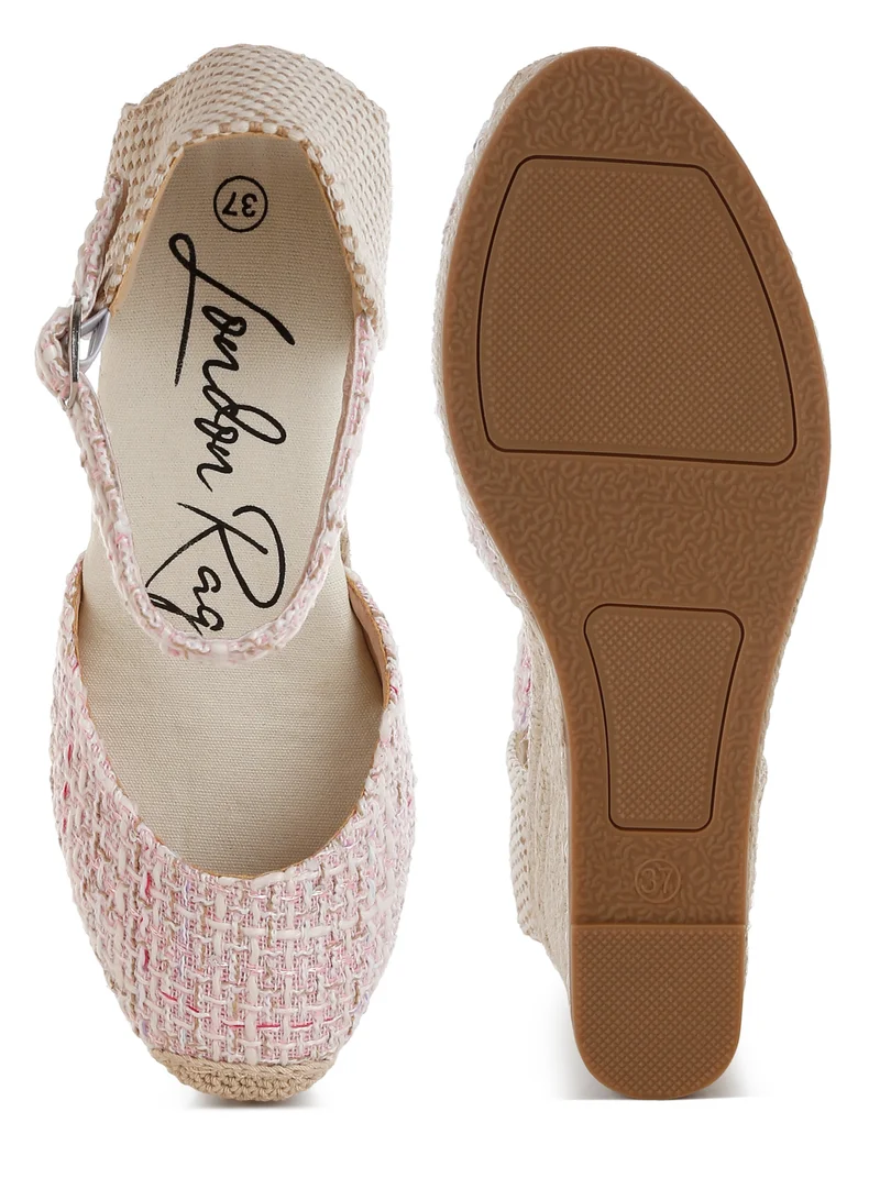 London Rag Tweed Round Toe Woven Wedges in Pink