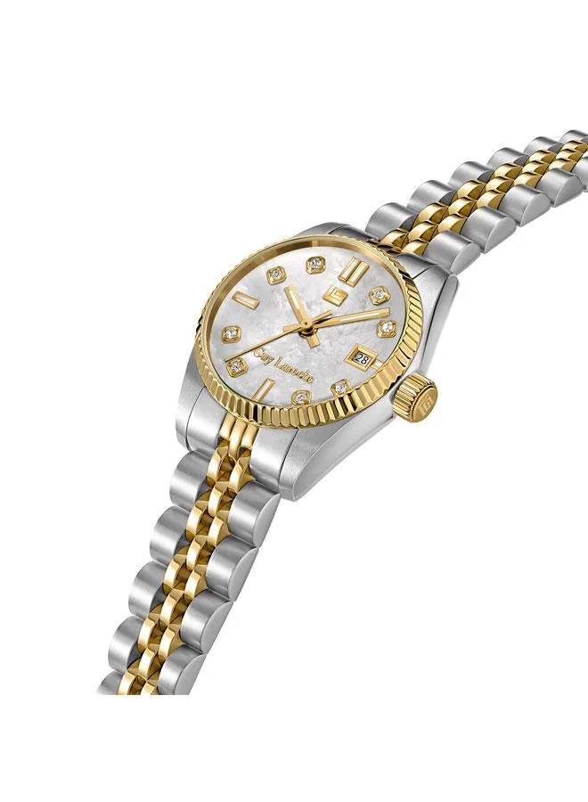 غاي لاروش ساعة يد نسائية بسوار معدني فضي وذهبي بقرص من عرق اللؤلؤ بلون وردي أبيض  مم