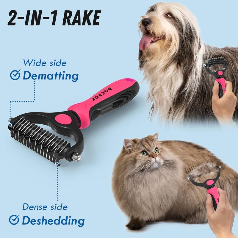 Docrok Pet Grooming Brush and Metal Comb Combo, Cat Brush Dog Brush for Shedding, Undercoat Rake for Dogs Grooming, Dematting Deshedding Brush Dogs Shedding Tool for Long matted Haired Pets, Pink - Image 2
