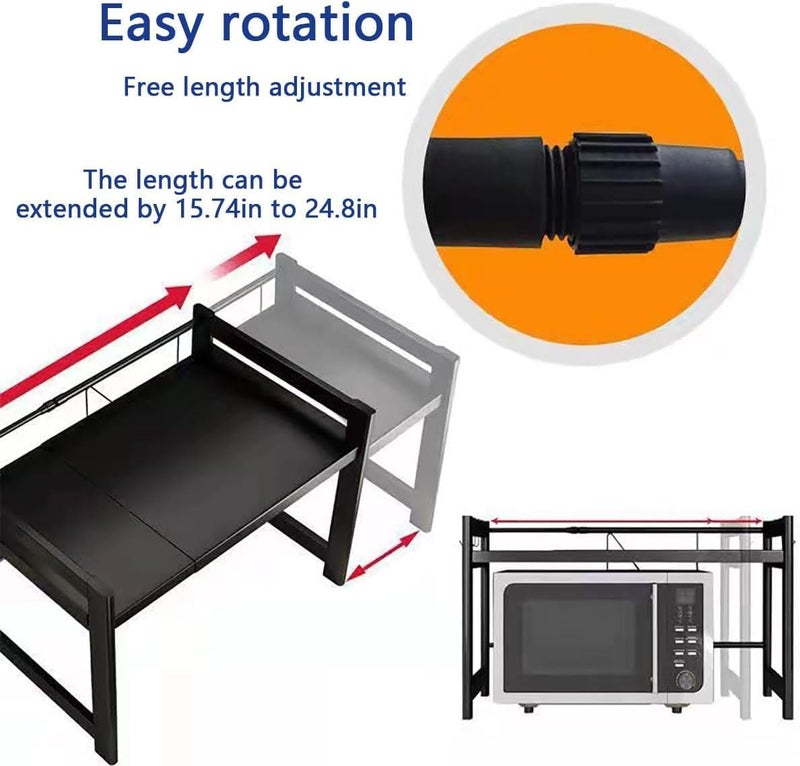 HOOKOR Microwave Oven Stand Countertop, 2-Tier Expandable Microwave Oven Rack with Hooks,Kitchen Counter Top Organizer and storage, Height and Length Adjustable,100lb Weight Capacity (Black) - Image 2