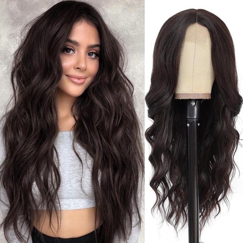 NAYOO Long Wavy Wigs for Women Dark Brown Middle Part Wig Synthetic Heat Resistant Fiber Women Wigs for Daily Party Use 26 Inch Dark Brown