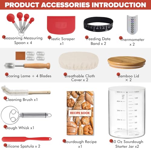 RYTOXILO Sourdough Starter Jar Kit 50 Oz Glass Large Sour Dough Jars Wide Mouth for Beginners 10 Pcs Bread Starter Container Set with Bamboo Lid Sourdough Jar with Bread Baking Supplies Accessories - Image 5
