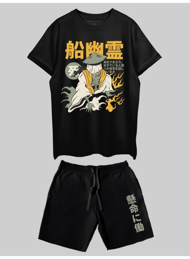 THREADCURRY THREADCURRY Japanese Yurei Printed Co-ord Set for Men - Half Sleeve Oversized T-Shirt and Shorts  - Image 1