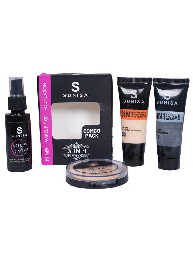 SUNISA Makeup Combo Kit 4 In 1 1Primer 1Fixer Foundation And Face Compact Powder For Women Pack Of 4 - Image 1