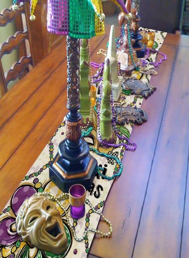 GEEORY مفرش طاولة ماردي غرا من جيوري، مقاس 13 × 72 بوصة - مزين بزهرة الزنبق، وقناع، وخرز، وشبكة معينية | ديكور ريفي، زينة داخلية وخارجية مستوحاة من أجواء نيو أورلينز لحفلات المنزل - Image 4