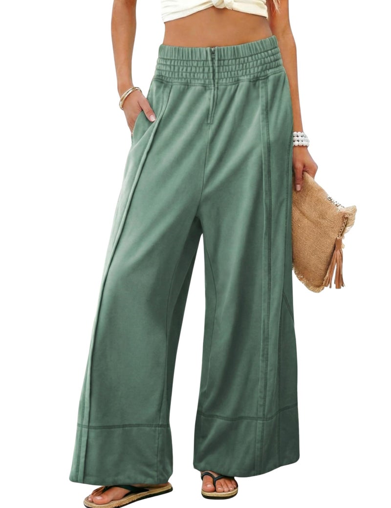 Tanming Womens Wide Leg Pants Cotton Stretchy High Waisted Palazzo Pants Daily Workout Wear Lounge Sweatpants with Pockets(Green-S) - Image 1