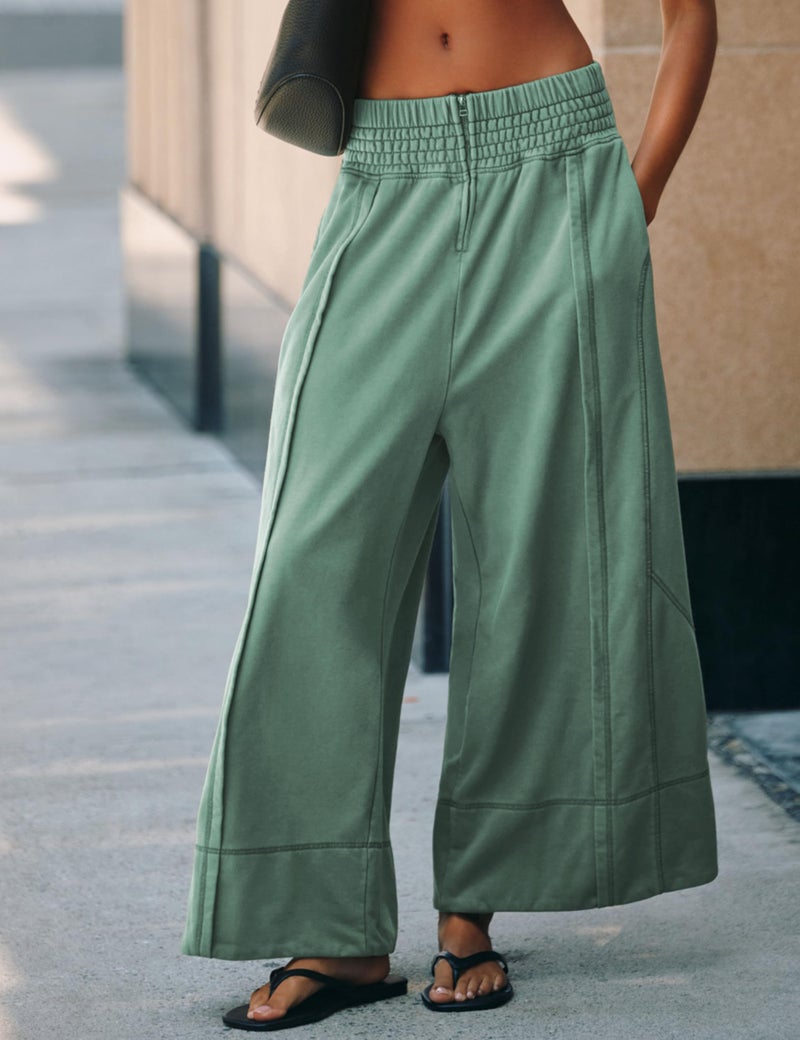 Tanming Womens Wide Leg Pants Cotton Stretchy High Waisted Palazzo Pants Daily Workout Wear Lounge Sweatpants with Pockets(Green-S) - Image 3