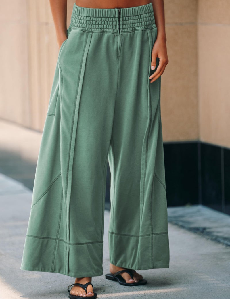 Tanming Womens Wide Leg Pants Cotton Stretchy High Waisted Palazzo Pants Daily Workout Wear Lounge Sweatpants with Pockets(Green-S) - Image 2