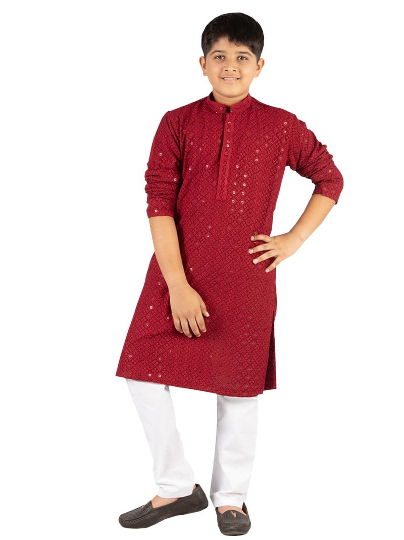 VASTRAMAY Boys Maroon Sequin Chikankari Kurta Pyjama Set - Diwali 2025 Royal Wedding Premium Festive Ethnic Size 20-36 - Image 1