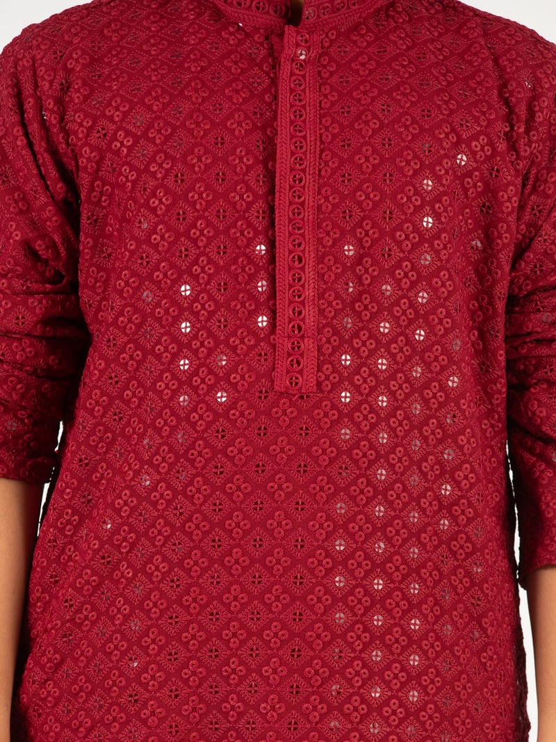 VASTRAMAY Boys Maroon Sequin Chikankari Kurta Pyjama Set - Diwali 2025 Royal Wedding Premium Festive Ethnic Size 20-36 - Image 3