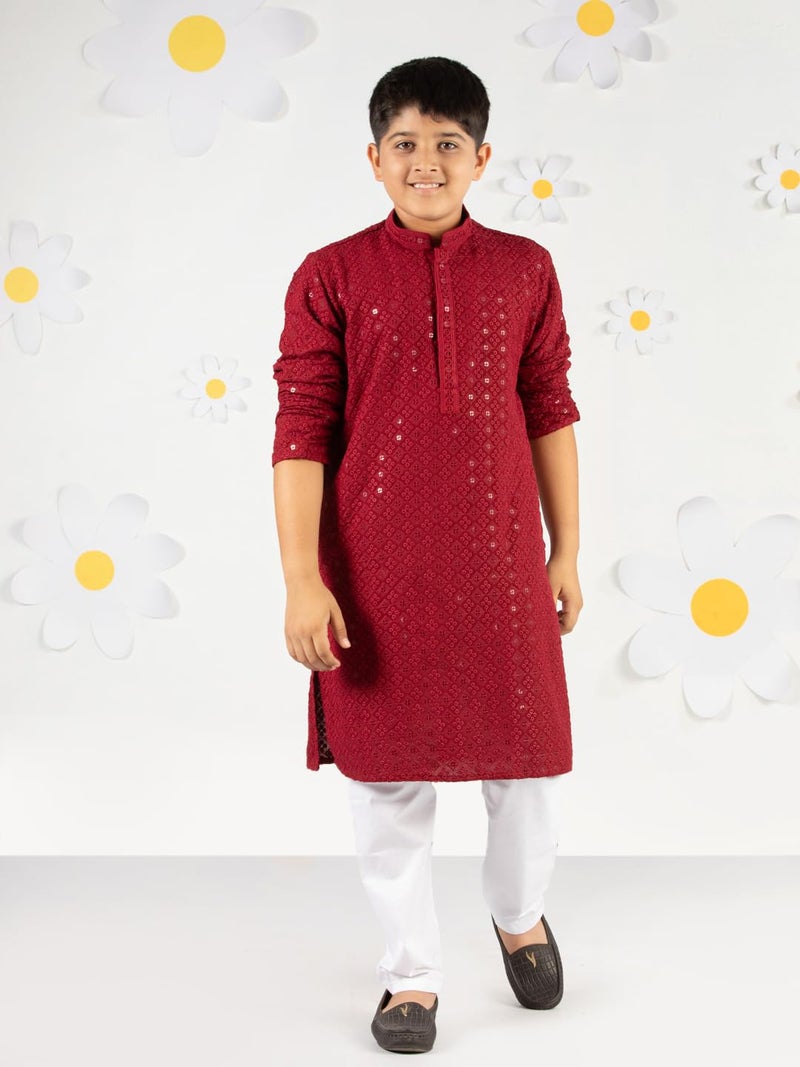 VASTRAMAY Boys Maroon Sequin Chikankari Kurta Pyjama Set - Diwali 2025 Royal Wedding Premium Festive Ethnic Size 20-36 - Image 2