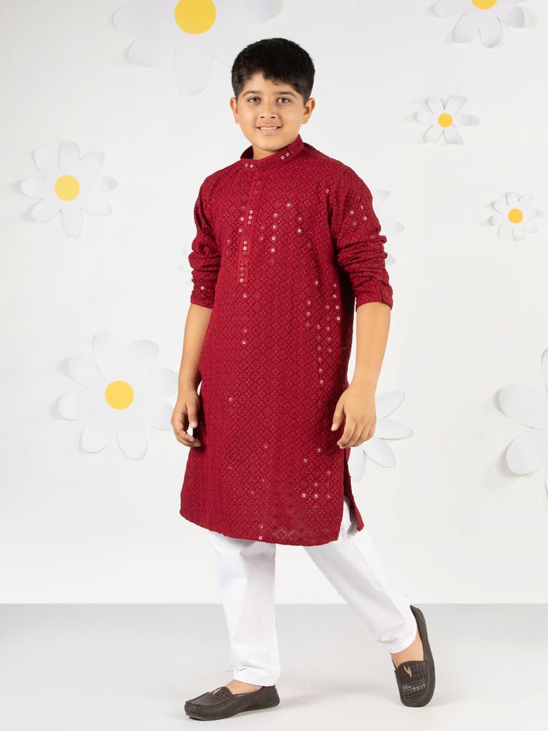 VASTRAMAY Boys Maroon Sequin Chikankari Kurta Pyjama Set - Diwali 2025 Royal Wedding Premium Festive Ethnic Size 20-36 - Image 4
