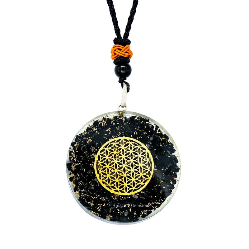 Amazing Gemstone Shungite Round Orgonite Pendant Necklace for Protection Powerful Orgone Pendant for Men Women and Kids Flower of Life