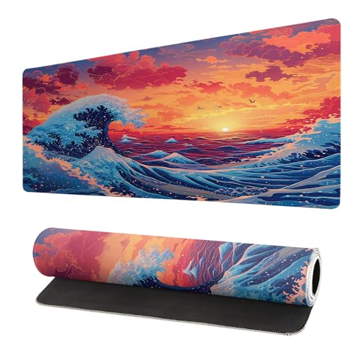 Brecoy Gaming Mouse Pad Desk Pad,Extended Big Mouse Pad,31.5x11.8 Inch Long Computer Keyboard Mouse Mat Mousepad with 3mm Non-Slip Base and Stitched Edge for Gaming and Office… (Sunset Wave) - Image 1