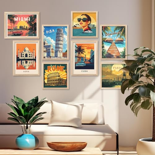 kotart Retro Travel Theme Wall Poster with Frame for Room Office Living Room Hotel Home Decor – Modern Art City Vibes Wall Decor Photo Frames - Framed Posters / Paintings Set of 8 (Art 5, Small(10x13 or 10x10 inch), Framed) - Image 1