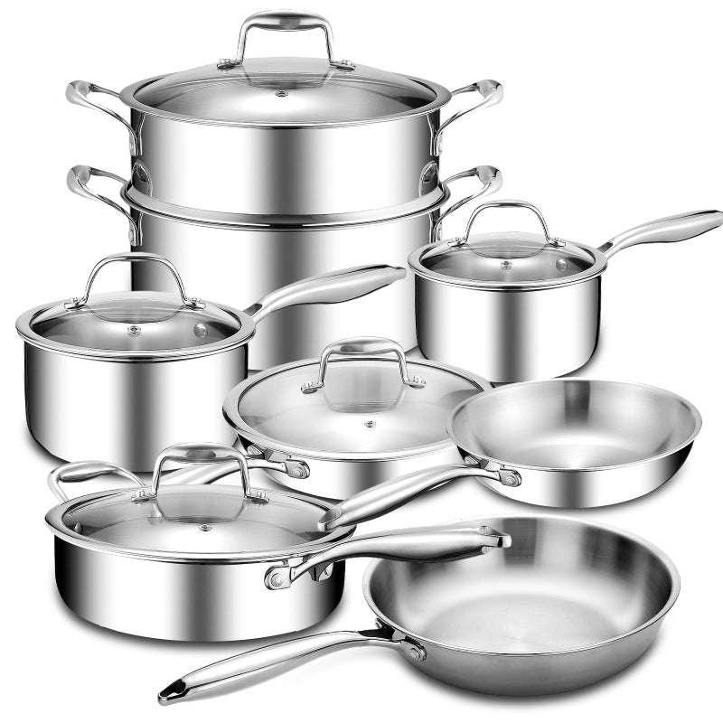 Lazycorner 11-Piece Pots and Pans Set, 18/10 Stainless Steel Cookware Set, Induction Compatible, PFOA-Free Coating, Dishwasher Safe, Includes Frying Pan & Sauce Pan with Lids - Image 1