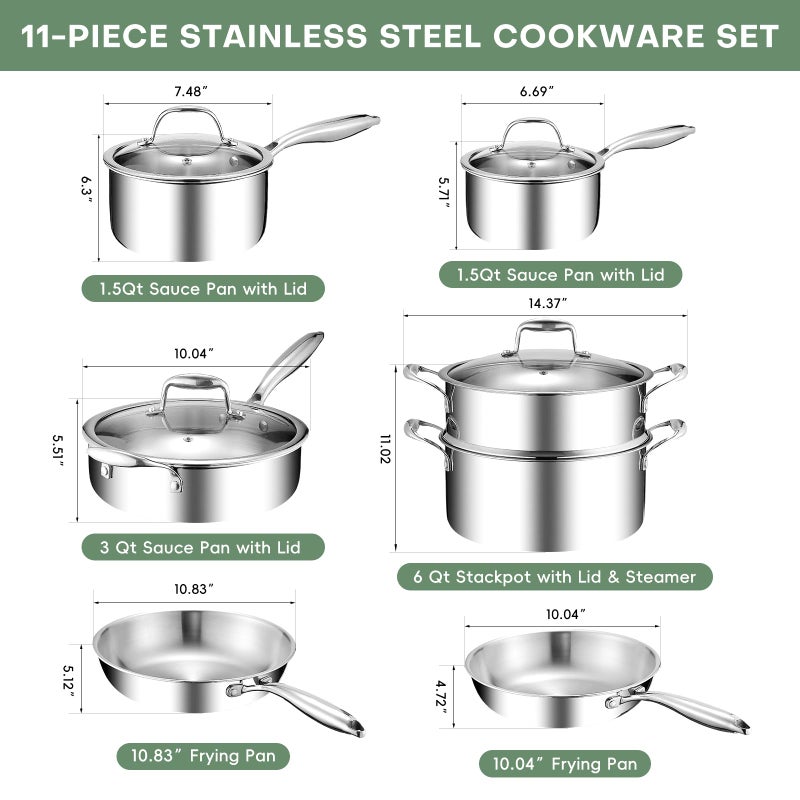 Lazycorner 11-Piece Pots and Pans Set, 18/10 Stainless Steel Cookware Set, Induction Compatible, PFOA-Free Coating, Dishwasher Safe, Includes Frying Pan & Sauce Pan with Lids - Image 2