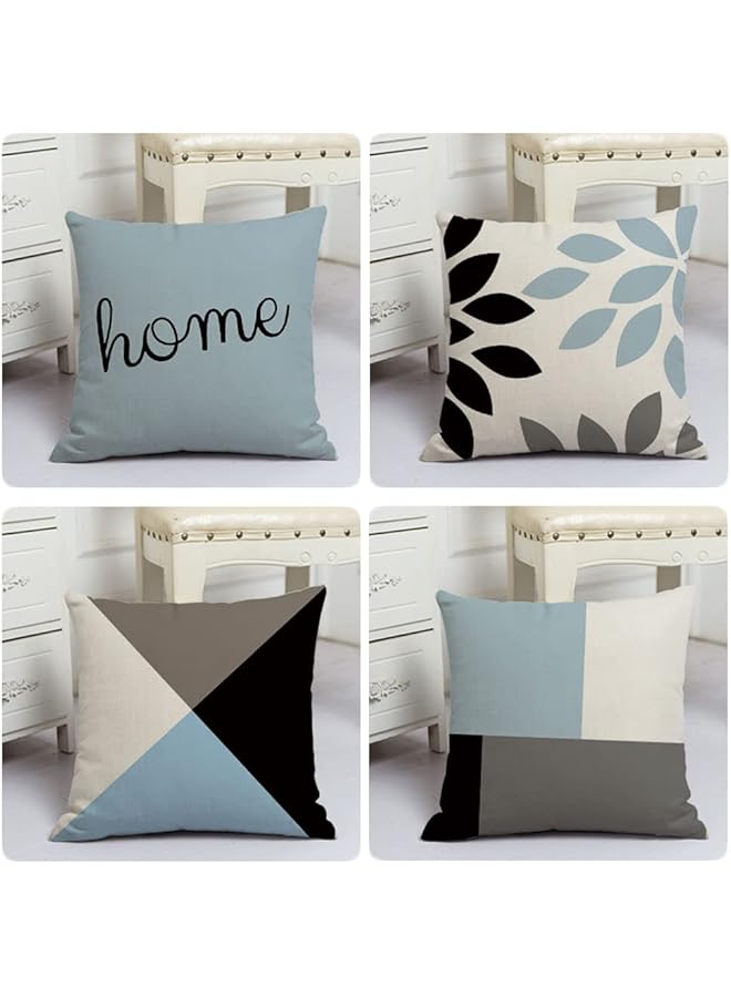 ORiTi 4Pcs Throw Pillow Covers Cotton Linen Modern Geometric Square Pillowcases For Couch Sofa Chair Bedroom Home Decor Blue 45X45Cm - Image 4